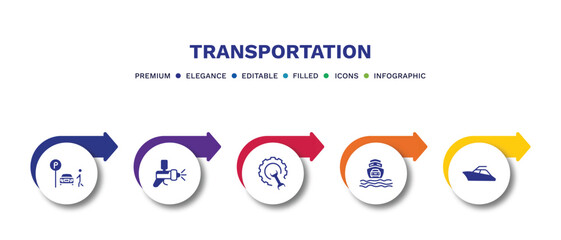 set of transportation filled icons. transportation filled icons with infographic template.flat icons such as parking men, car painting, repair, ferry carrying cars, yacht navigate vector.