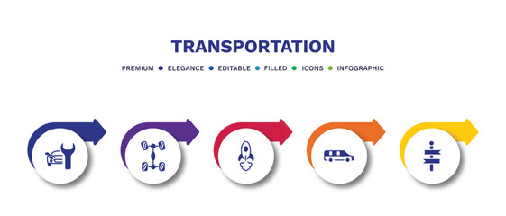 set of transportation filled icons. transportation filled icons with infographic template.flat icons such as car repair, chassis, space rocket launch, long car, way vector.