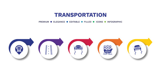 set of transportation filled icons. transportation filled icons with infographic template.flat icons such as tram stop, road with broken lines, stability, galleon, slippy road vector.