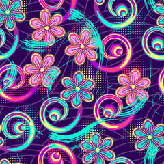 Pattern with fantasy chamomile flower, striped psychedelic spirals, swirls, halftone shapes, paint brush strokes. Bright neon fluorescent colors Good for apparel, fabric, textile, surface design