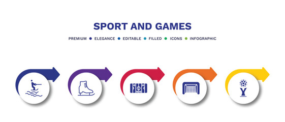 set of sport and games filled icons. sport and games filled icons with infographic template.flat icons such as jet surfing, ice skating, hockey arena, hockey goal, world cup vector.