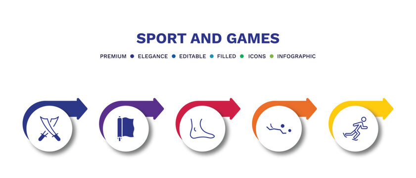 set of sport and games filled icons. sport and games filled icons with infographic template.flat icons such as saber, foil, ankle, volleyball motion, ice skating man vector.
