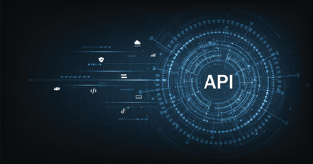 Application Programming Interface (API) on blue background. Software development tools, information technology, modern technology, internet.	