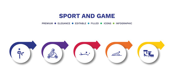 set of sport and game filled icons. sport and game filled icons with infographic template.flat icons such as pencak silat, motorbike riding, volleyball motion, man doing pushups, ski boots vector.