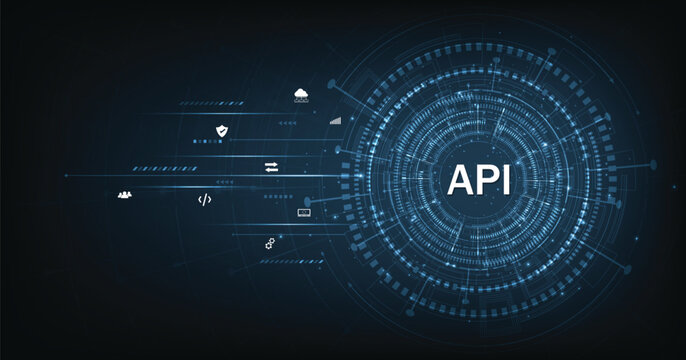 Application Programming Interface (API) on blue background. Software development tools, information technology, modern technology, internet.	