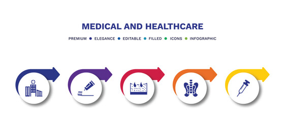 set of medical and healthcare filled icons. medical and healthcare filled icons with infographic template.flat icons such as hospital building front, brush with tooth paste, dermis, p, syringe with