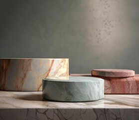 Fototapeta na wymiar Round smooth marble podiums for elegant presentations closeup. Empty space on natural rock stone for mockup template. Generative AI