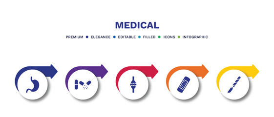 set of medical filled icons. medical filled icons with infographic template.flat icons such as stoh, antibiotic, knee, bandage, scalpel vector.