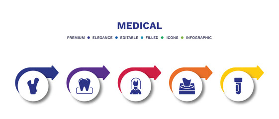 set of medical filled icons. medical filled icons with infographic template.flat icons such as femur, molar, female, tissue paper, blood sample vector.