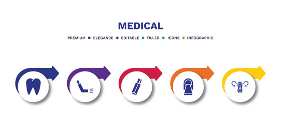 set of medical filled icons. medical filled icons with infographic template.flat icons such as tooth, inhalator, gum, scan, uterus vector.