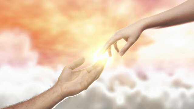 Visualization Of Heaven: Male And Female Hands Touching In the Mysterious And Magical Heavenlike Setting. Two People Are Connecting On a Higher Spiritual Level. Finding God or Belief Concept.