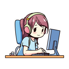 Cute little girl working and studying using computer desktop cartoon flat character vector illustration