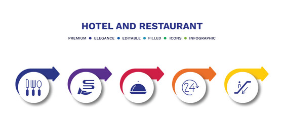 set of hotel and restaurant filled icons. hotel and restaurant filled icons with infographic template.flat icons such as cutlery, towels, restaurant tray, 24 service, or down vector.