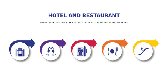 set of hotel and restaurant filled icons. hotel and restaurant filled icons with infographic template.flat icons such as hotel, champagne, minibar, meal, or vector.