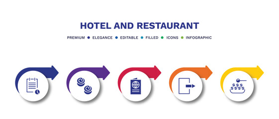 set of hotel and restaurant filled icons. hotel and restaurant filled icons with infographic template.flat icons such as reservation, cinnamon roll, passport, check out, takoyaki vector.