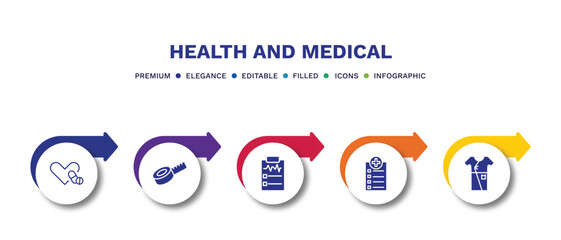 set of health and medical filled icons. health and medical filled icons with infographic template.flat icons such as antibiotics, measure tape, medical result, checklist, patient robe vector.