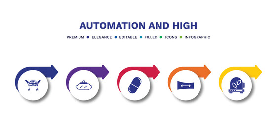 set of automation and high filled icons. automation and high filled icons with infographic template.flat icons such as flying car, vr glasses, capsule, panoramic view, incubator vector.