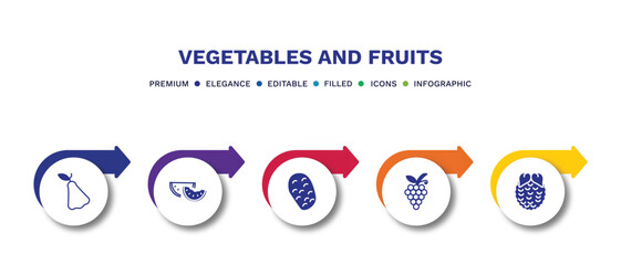 set of vegetables and fruits filled icons. vegetables and fruits filled icons with infographic template.flat icons such as rose, watermelon, potato, grapes, raspberry vector.