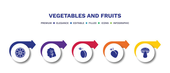 set of vegetables and fruits filled icons. vegetables and fruits filled icons with infographic template.flat icons such as orange, lettuce, apricot, peach, mushroom vector.