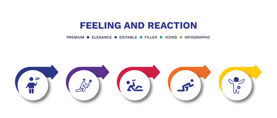 set of feeling and reaction filled icons. feeling and reaction filled icons with infographic template.flat icons such as bored human, sorry human, drunk human, ready better vector.