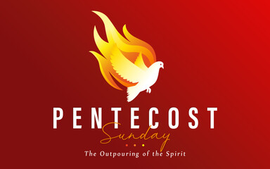 Pentecost Sunday - The Outpouring of the Spirit, dove in flame. Holy Spirit dove and fire, design for poster of worship or invitation. Vector illustration - obrazy, fototapety, plakaty