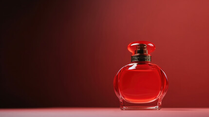 Red perfume bottle on a dark background with copy space. AI