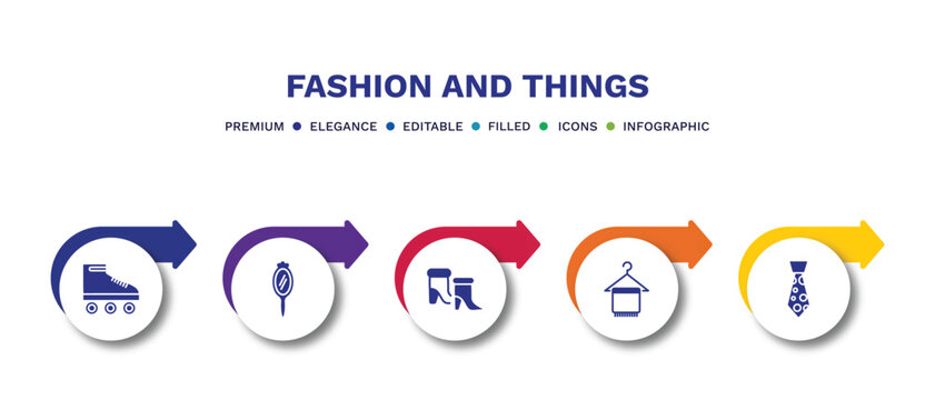set of fashion and things filled icons. fashion and things filled icons with infographic template.flat icons such as roller skater, mirrors, woman boots, cloth towel, stripped tie vector.