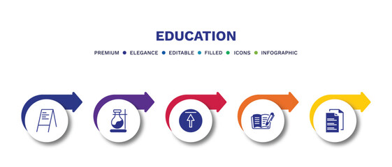 set of education filled icons. education filled icons with infographic template.flat icons such as flip chart, florence flask, top, book with marker, folded written paper vector.