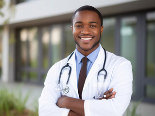 An handsome young black doctor posing confidently and smiling. Generative AI