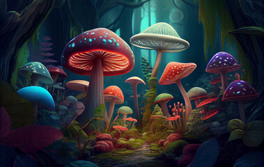 Fototapeta na wymiar A Tapestry of Fungi: A Mystical Exploration of the Vibrant, Colorful Forest Floor, Where Enchanting Mushrooms Spring to Life, Painting the Landscape with Nature Own Palette of Colors and Wonders
