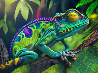 Obraz premium Colorful chameleon, exotic wild lizard or reptile. Generative AI