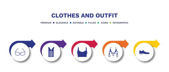 set of clothes and outfit filled icons. clothes and outfit filled icons with infographic template.flat icons such as cat eye glasses, padded vest, draped top, jewelry, leather shoes vector.