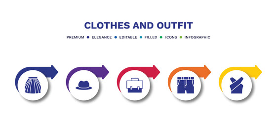 set of clothes and outfit filled icons. clothes and outfit filled icons with infographic template.flat icons such as tulle skirt, men hat, messenger bag, denim shorts, chiffon suffle blouse vector.
