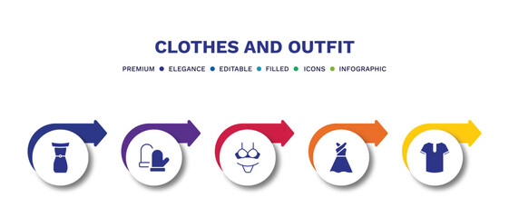 set of clothes and outfit filled icons. clothes and outfit filled icons with infographic template.flat icons such as off the shoulder dress, wool gloves, lingerine, long sleeveless dress, henley