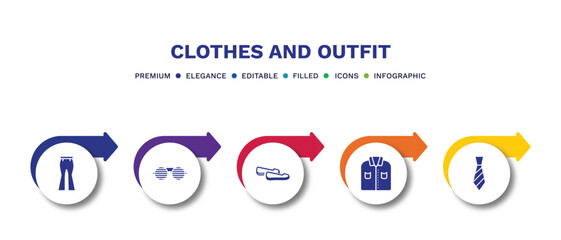 set of clothes and outfit filled icons. clothes and outfit filled icons with infographic template.flat icons such as flare pants, shutter sunglasses, loafer, formal shirt, tie vector.