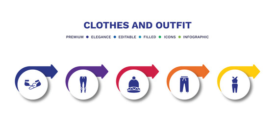 set of clothes and outfit filled icons. clothes and outfit filled icons with infographic template.flat icons such as ballets flats, leggins, knit hat with pom pom, sweatpants, jumpsuit vector.