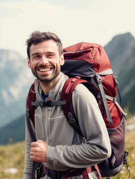 Portrait of a backpacker hiking in the mountains. Happy expression. Generative AI