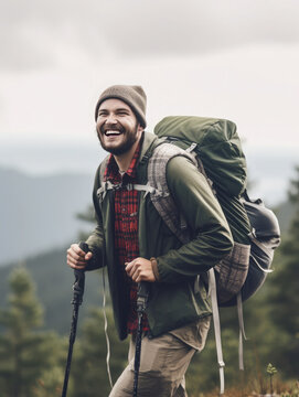 Young hiker with a backpack in the mountains smiling happily. Generative AI