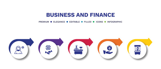 set of business and finance filled icons. business and finance filled icons with infographic template.flat icons such as woman with money, partners in business, supermarket cashier, yen coin on