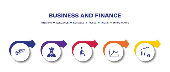 set of business and finance filled icons. business and finance filled icons with infographic template.flat icons such as sale tag, man with moustach, sitting, smooth line chart, profit report