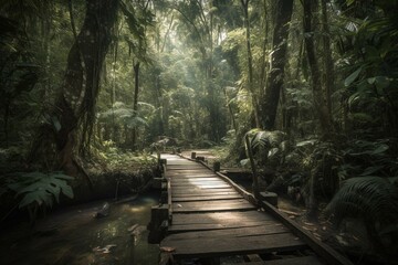 Hiking through rainforest jungle on water footpath. Generative AI
