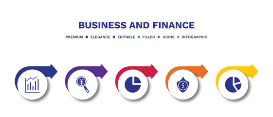 set of business and finance filled icons. business and finance filled icons with infographic template.flat icons such as measure success, yen business search, infographic elements, dollar money