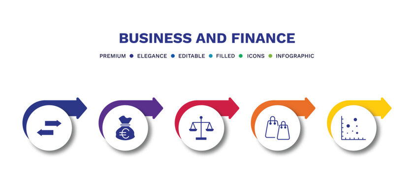 set of business and finance filled icons. business and finance filled icons with infographic template.flat icons such as two way arrows, euro money bag, scale in balance, two shopping bags, scatter