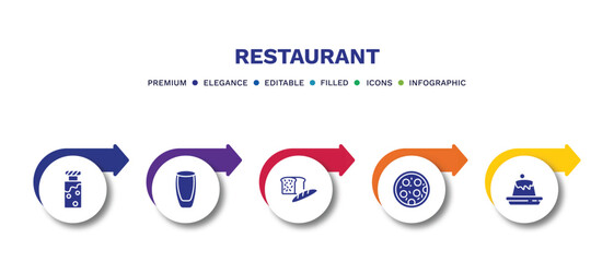 set of restaurant filled icons. restaurant filled icons with infographic template.flat icons such as jar full of food, wide glass, load of bread, pepperoni pizza, creme caramel vector.