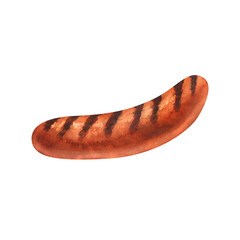 Watercolor grilled bratwurst pork sausage. Hand-drawn illustration isolated on white background close-up. Perfect for menu cafe, restaurant, recipe book, cooking, barbecue