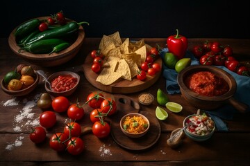 Mexican feast with tortilla, chips, salsa, and tomatoes. Generative AI