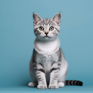 Studio shot of a cat sitting on a single color background