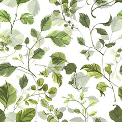 Square semaless pattern with detailed green leaves and branches. Watercolor floral wallpapers in high quality