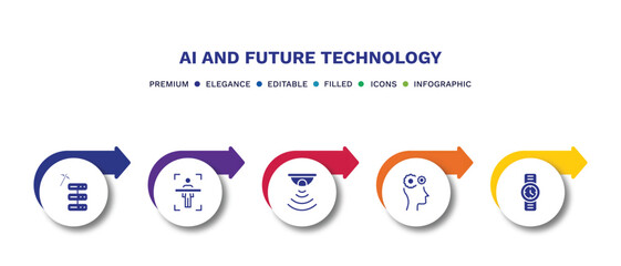 set of ai and future technology filled icons. ai and future technology filled icons with infographic template.flat icons such as data mining, body scan, motion sensor, business, wristwatch vector.