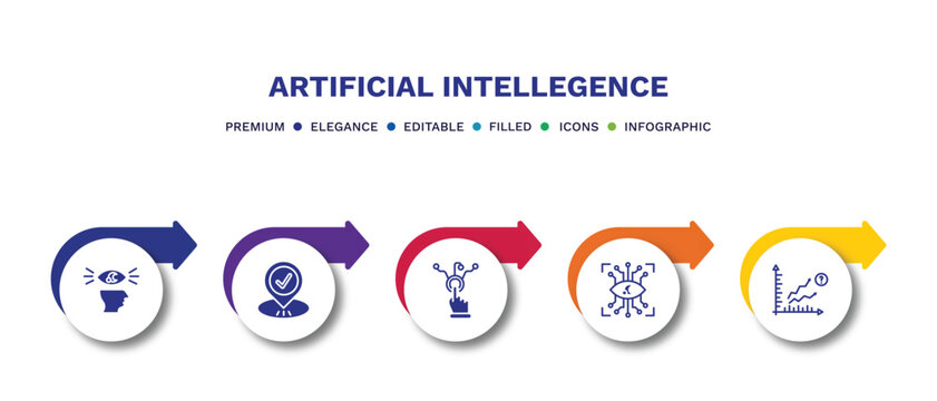 set of artificial intellegence filled icons. artificial intellegence filled icons with infographic template.flat icons such as visualization, visit, interactivity, eye tap, prediction vector.